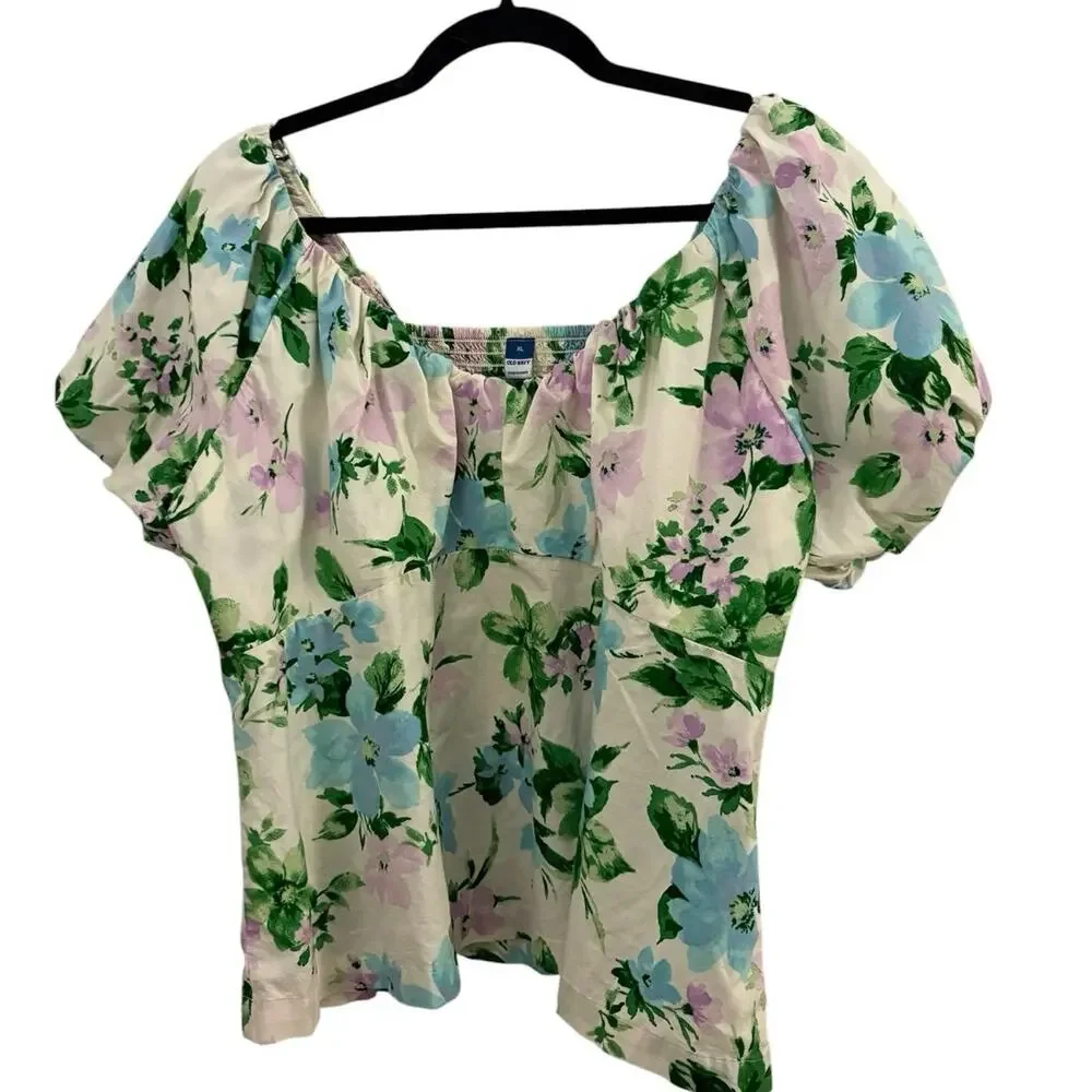 Old Navy Floral Peasant Style Blouse XL Puff Sleeve Scoop Neck Smocked Cotton